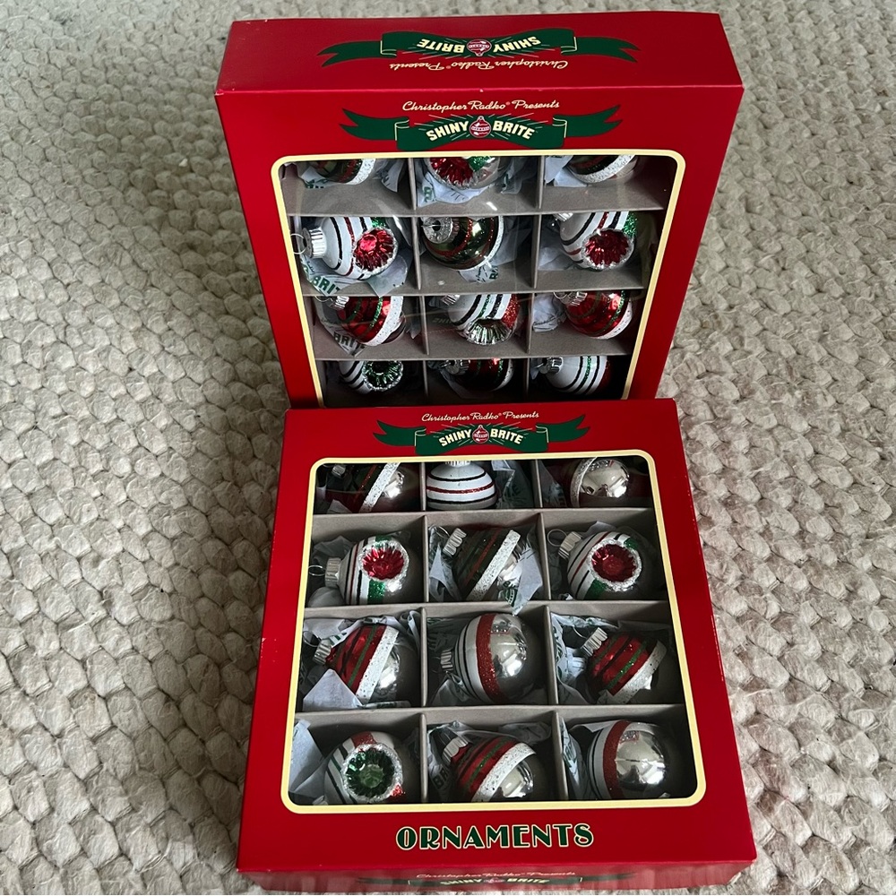 2 boxes christopher radko shiny brite glass ornaments